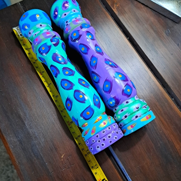 Hand Painted Wooden Salt and Pepper Shakers Blue Purple 10" NEVER USED - Picture 6 of 9